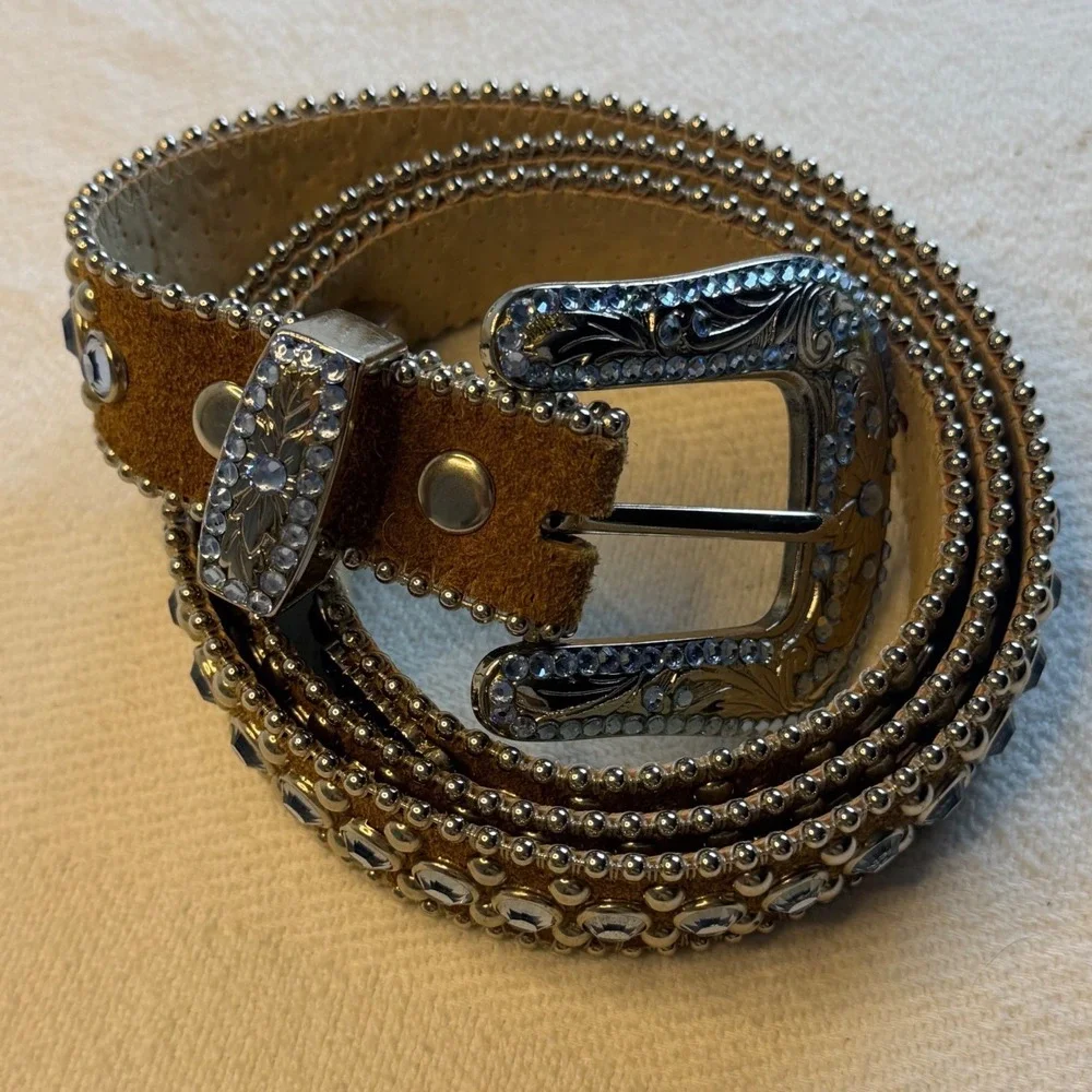 BB Simon Brown Suede Crystal Studded Western Belt Silver Buckle XXL‎ 1689 188